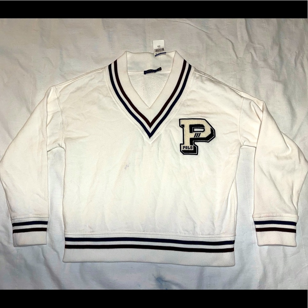 Polo Ralph Lauren varsity sweater v neck preppy collegiate Sz M white stripe